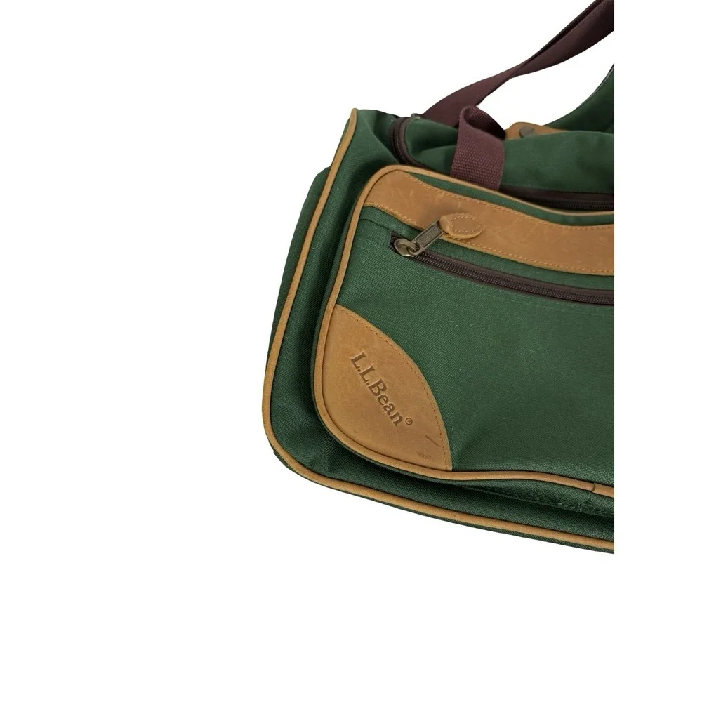 LL Bean Duffle Bag Carry On Small Green Canvas & Leather Straps Vintage